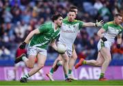8 January 2023; Conor Corcoran of Moycullen in action against Cathal Mulholland of Glen during the AIB GAA Football All-Ireland Senior Club Championship Semi-Final match between Moycullen of Galway and Glen of Derry at Croke Park in Dublin. Photo by Daire Brennan/Sportsfile