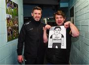 8 January 2023; Kilkenny supporter Paddy Cunningham, from Callan and the John Locke's GAA club and a nephew of former Kilkenny hurler Frank Cummins, presents a picture he made to Kilkenny manager Derek Lyng at the Walsh Cup Group 2 Round 1 match between Kilkenny and Offaly at John Locke Park in Callan, Kilkenny. Photo by Piaras Ó Mídheach/Sportsfile