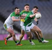 8 January 2023; Cowen Gallagher of Moycullen in action against Cahir McCabe and Eunan Mulholland of Glen during the AIB GAA Football All-Ireland Senior Club Championship Semi-Final match between Moycullen of Galway and Glen of Derry at Croke Park in Dublin. Photo by Ray McManus/Sportsfile