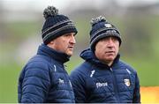 8 January 2023; Antrim manager Andy McEntee, left, and Antrim selector Terry McCrudden during the Bank of Ireland Dr McKenna Cup Round 2 match between Antrim and Cavan at Kelly Park in Portglenone, Antrim. Photo by Ramsey Cardy/Sportsfile
