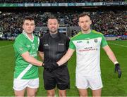 8 January 2023; Referee David Gough with the two captains, Dessie Conneely of Moycullen, left, and Connor Carville of Glen, before the AIB GAA Football All-Ireland Senior Club Championship Semi-Final match between Moycullen of Galway and Glen of Derry at Croke Park in Dublin. Photo by Ray McManus/Sportsfile