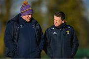 8 January 2023; Wexford manager Darragh Egan, left, and Wexford GAA central council member Dermot Howlin before the Walsh Cup Group 2 Round 1 match between Laois and Wexford at St Fintan's GAA Grounds in Mountrath, Laois. Photo by Seb Daly/Sportsfile
