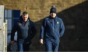 8 January 2023; Tipperary performance coach Gerry O’Reilly, left, and manager Liam Cahill make their way to the pitch before the Co-Op Superstores Munster Hurling League Group 1 match between Tipperary and Clare at McDonagh Park in Nenagh, Tipperary. Photo by Sam Barnes/Sportsfile