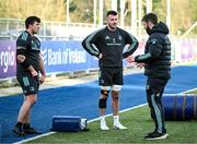 9 January 2023; Contact skills coach Sean O'Brien speaks with Thomas Clarkson and Will Connors during a Leinster Rugby squad training session at Energia Park in Dublin. Photo by Harry Murphy/Sportsfile