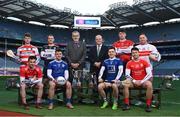 10 January 2023; AIB Chief Executive Colin Hunt and Uachtarán Chumann Lúthchleas Gael, Larry McCarthy, centre, pictured alongside Cathail O’Mahony of Ballygiblin, Bernard Feeney of Easkey, Andrew La Touche Cosgrave of Monaleen, Fergal Boland of Tooreen, Matt Rennie of Fossa, Gareth Devlin of Stewartstown Harps, Liam Rafferty of Galbally Pearses, and Paul Murphy of Rathmore ahead of the AIB GAA All-Ireland Football and Hurling Junior and Intermediate Club Championship Finals which take place in Croke Park this weekend. The AIB GAA All-Ireland Club Championships features some of #TheToughest players from communities all across Ireland. It is these very communities that the players represent that make the AIB GAA All-Ireland Club Championships unique. Now in its 32nd year supporting the GAA Club Championships, AIB is extremely proud to once again celebrate the communities that play such a role in sustaining our national games. Photo by David Fitzgerald/Sportsfile