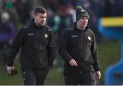 8 January 2023; Offaly coach Martin Maher, left, and selector Colm Callanan at the Walsh Cup Group 2 Round 1 match between Kilkenny and Offaly at John Locke Park in Callan, Kilkenny. Photo by Piaras Ó Mídheach/Sportsfile