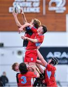 10 January 2023; Arthur Feeney of The High School wins possession over Ruben Maguire of CUS in a line-out during the Bank of Ireland Vinnie Murray Cup First Round match between The High School and CUS at Energia Park in Dublin. Photo by Tyler Miller/Sportsfile