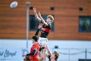 10 January 2023; Oisin Burgess of The High School wins possession on a line-out during the Bank of Ireland Vinnie Murray Cup First Round match between The High School and CUS at Energia Park in Dublin. Photo by Tyler Miller/Sportsfile