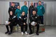 11 January 2023; In attendance at the FAI SETU Sport Coaching and Business Management Degree launch are, back row, from left, Alex Lee of Ballymun United, graduate, current Shelbourne player and Republic of Ireland women's U16 assistant coach Megan Smyth-Lynch, course assistant Luke Hardy, course leader Paul O'Reilly, and course graduate and Republic of Ireland women's national team assistant manager Tom Elmes, front row, from left, Abbie O'Hara of Bohemians, Katie O'Connor, and Eoin Carolan of Newbridge Town, at FAI headquarters in Dublin. Photo by Seb Daly/Sportsfile