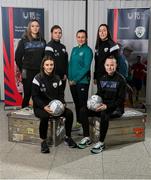 11 January 2023; In attendance at the FAI SETU Sport Coaching and Business Management Degree launch are, back row, from left, Maeve Williams of Wexford Youths, Katie O'Connor, course graduate, current Shelbourne player and Republic of Ireland women's U16 assistant coach Megan Smyth-Lynch, and Abbie O'Hara of Bohemians, front row, from left, Jess Lawlor of Wexford Youths, and Teegan Lynch of Sion Swifts, at FAI headquarters in Dublin. Photo by Seb Daly/Sportsfile