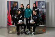 11 January 2023; In attendance at the FAI SETU Sport Coaching and Business Management Degree launch are, back row, from left, Maeve Williams of Wexford Youths, Katie O'Connor, course graduate, current Shelbourne player and Republic of Ireland women's U16 assistant coach Megan Smyth-Lynch, and Abbie O'Hara of Bohemians, front row, from left, Jess Lawlor of Wexford Youths, and Teegan Lynch of Sion Swifts, at FAI headquarters in Dublin. Photo by Seb Daly/Sportsfile