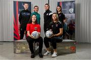 11 January 2023; In attendance at the FAI SETU Sport Coaching and Business Management Degree launch are, back row, from left, Teegan Lynch of Sion Swifts, course graduate, current Shelbourne player and Republic of Ireland women's U16 assistant coach Megan Smyth-Lynch, Katie O'Connor, and Jess Lawlor of Wexford Youths, front row, from left, Abbie O'Hara of Bohemians, and Maeve Williams of Wexford Youths, at FAI headquarters in Dublin. Photo by Seb Daly/Sportsfile