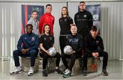 11 January 2023; In attendance at the FAI SETU Sport Coaching and Business Management Degree launch are, back row, from left, Katie O'Connor, Oisin Hand of Longford Town, Maeve Williams of Wexford Youths, and Alex Moody of Bray Wanderers, front row, from left, Raveli Kilonda of Villa FC, Waterford, Jess Lawlor of Wexford Youths, Teegan Lynch of Sion Swifts, and Thomas Considine of Wexford, at FAI headquarters in Dublin. Photo by Seb Daly/Sportsfile