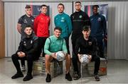 11 January 2023; In attendance at the FAI SETU Sport Coaching and Business Management Degree launch are, back row, from left, Alex Lee of Ballymun United, Oisin Hand of Longford Town, course graduate and Republic of Ireland women's national team assistant manager Tom Elmes, Alex Moody of Bray Wanderers, and Raveli Kilonda of Villa FC, Waterford, front row, from left, Eoin Carolan of Newbridge Town, Jack O'Reilly of St Francis FC, Clondalkin, and Thomas Considine of Wexford, at FAI headquarters in Dublin. Photo by Seb Daly/Sportsfile
