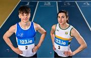 11 January 2023; 60m hurdler Adam Nolan of St Laurence O'Toole AC, Carlow, and long jumper Ruby Millet of St Abbans AC, Laois, in attendance during the 123.ie National Junior and U23 Indoor Championships media day at the National Indoor Arena in Dublin. Photo by Sam Barnes/Sportsfile