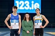 11 January 2023; In attendance during the 123.ie National Junior and U23 Indoor Championships media day are, from left, 60m hurdler Adam Nolan of St Laurence O'Toole AC, Carlow, 123.ie Marketing Communications Manager Michelle Molloy, and long jumper Ruby Millet of St Abbans AC, Laois, at the National Indoor Arena in Dublin. Photo by Sam Barnes/Sportsfile