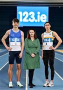 11 January 2023; In attendance during the 123.ie National Junior and U23 Indoor Championships media day are, from left, 60m hurdler Adam Nolan of St Laurence O'Toole AC, Carlow, 123.ie Marketing Communications Manager Michelle Molloy, and long jumper Ruby Millet of St Abbans AC, Laois, at the National Indoor Arena in Dublin. Photo by Sam Barnes/Sportsfile