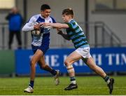 11 January 2023; Kiran Byrne of St Andrew’s College is tackled by Conor Balmaine of St Gerard’s School during the Bank of Ireland Vinnie Murray Cup first round match between St Gerard’s School and St Andrew’s College at Energia Park in Dublin. Photo by Harry Murphy/Sportsfile