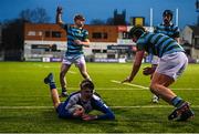 11 January 2023; Harry Machesney of St Andrew’s College celebrates after scoring his side's third try during the Bank of Ireland Vinnie Murray Cup first round match between St Gerard’s School and St Andrew’s College at Energia Park in Dublin. Photo by Harry Murphy/Sportsfile