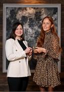 13 January 2023; Olivia Divilly from Galway club Kilkerrin-Clonberne, right, is presented with The Croke Park/LGFA Player of the Month award for December 2022, by Ina Lazar, Sales Manager, The Croke Park, at The Croke Park in Jones Road, Dublin. Olivia was Player of the Match in the 2022 currentaccount.ie All-Ireland Senior Club Final against Donaghmoyne on December 10. Olivia scored 0-5, including two points from play, as Kilkerrin-Clonberne claimed back-to-back titles with victory over Monaghan opponents Donaghmoyne. Olivia was also honoured with the monthly award for January 2022, after producing a Player of the Match display against Mourneabbey in the 2021 currentaccount.ie All-Ireland Senior Club Final, which was played in January 2022. Photo by Seb Daly/Sportsfile