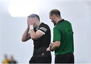 13 January 2023; Donal Conlon of Sligo reacts as he is about to be shown the red card by referee Christopher Ryan during the Connacht FBD League Semi-Final match between Sligo and Roscommon at NUI Galway Connacht GAA Air Dome in Bekan, Mayo. Photo by Piaras Ó Mídheach/Sportsfile