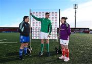 14 January 2023; Referee Andrew Fogarty with Leinster captain Christy Haney and Munster captain Nicole Cronin during the Vodafone Women’s Interprovincial Championship Round Two match between Munster and Leinster at Musgrave Park in Cork. Photo by Eóin Noonan/Sportsfile