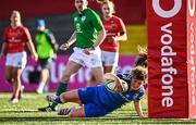 14 January 2023; Jenny Murphy of Leinster scores her side's first try during the Vodafone Women’s Interprovincial Championship Round Two match between Munster and Leinster at Musgrave Park in Cork. Photo by Eóin Noonan/Sportsfile