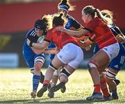 14 January 2023; Molly Boyne of Leinster is tackled by Deirbhile Nic a Bháird of Munster during the Vodafone Women’s Interprovincial Championship Round Two match between Munster and Leinster at Musgrave Park in Cork. Photo by Eóin Noonan/Sportsfile