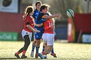 14 January 2023; Christy Haney of Leinster is tackled by Aoife Doyle of Munster during the Vodafone Women’s Interprovincial Championship Round Two match between Munster and Leinster at Musgrave Park in Cork. Photo by Eóin Noonan/Sportsfile