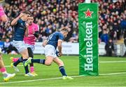 14 January 2023; Jordan Larmour of Leinster on his way to scoring his side's first try as teammate Garry Ringrose celebrates during the Heineken Champions Cup Pool A Round 3 match between Gloucester and Leinster at Kingsholm Stadium in Gloucester, England. Photo by Harry Murphy/Sportsfile