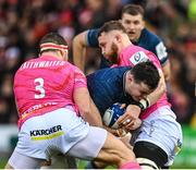 14 January 2023; James Ryan of Leinster is tackled by Kirill Gotovtsev and Ruan Ackermann of Gloucester during the Heineken Champions Cup Pool A Round 3 match between Gloucester and Leinster at Kingsholm Stadium in Gloucester, England. Photo by Harry Murphy/Sportsfile
