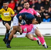 14 January 2023; Michael Ala'alatoa of Leinster is tackled by George Barton of Gloucester during the Heineken Champions Cup Pool A Round 3 match between Gloucester and Leinster at Kingsholm Stadium in Gloucester, England. Photo by Harry Murphy/Sportsfile