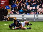 14 January 2023; Michael Ala'alatoa of Leinster dives over to score his side's second try during the Heineken Champions Cup Pool A Round 3 match between Gloucester and Leinster at Kingsholm Stadium in Gloucester, England. Photo by Harry Murphy/Sportsfile