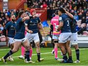 14 January 2023; Michael Ala'alatoa of Leinster celebrates with teammates after scoring his side's second try during the Heineken Champions Cup Pool A Round 3 match between Gloucester and Leinster at Kingsholm Stadium in Gloucester, England. Photo by Harry Murphy/Sportsfile