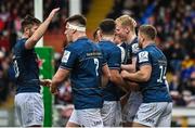 14 January 2023; Jamie Osborne of Leinster, second right, celebrates with teammates after scoring his side's third try during the Heineken Champions Cup Pool A Round 3 match between Gloucester and Leinster at Kingsholm Stadium in Gloucester, England. Photo by Harry Murphy/Sportsfile