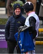 14 January 2023; Jockey Davy Russell, right, and former jockey Robbie Power before the Phillip O'Connor Memorial hurdle at Fairyhouse Racecourse in Meath. Photo by David Fitzgerald/Sportsfile