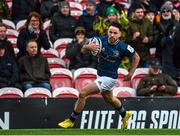 14 January 2023; Hugo Keenan of Leinster on his way to scoring his side's fifth try during the Heineken Champions Cup Pool A Round 3 match between Gloucester and Leinster at Kingsholm Stadium in Gloucester, England. Photo by Harry Murphy/Sportsfile