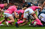 14 January 2023; Josh van der Flier of Leinster, red scrum cap, dives over to score his side's sixth try during the Heineken Champions Cup Pool A Round 3 match between Gloucester and Leinster at Kingsholm Stadium in Gloucester, England. Photo by Harry Murphy/Sportsfile