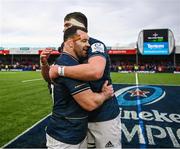 14 January 2023; Cian Healy and Brian Deeny of Leinster after their side's victory in the Heineken Champions Cup Pool A Round 3 match between Gloucester and Leinster at Kingsholm Stadium in Gloucester, England. Photo by Harry Murphy/Sportsfile