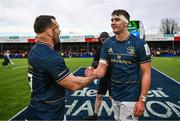 14 January 2023; Cian Healy and Brian Deeny of Leinster after their side's victory in the Heineken Champions Cup Pool A Round 3 match between Gloucester and Leinster at Kingsholm Stadium in Gloucester, England. Photo by Harry Murphy/Sportsfile
