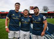 14 January 2023; Leinster Champions Cup debutants, from left, Brian Deeny, Liam Turner and Michael Milne after their side's victory in  during the Heineken Champions Cup Pool A Round 3 match between Gloucester and Leinster at Kingsholm Stadium in Gloucester, England. Photo by Harry Murphy/Sportsfile