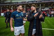 14 January 2023; Hugo Keenan and Andrew Porter of Leinster after their side's victory in the Heineken Champions Cup Pool A Round 3 match between Gloucester and Leinster at Kingsholm Stadium in Gloucester, England. Photo by Harry Murphy/Sportsfile