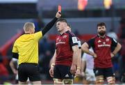 14 January 2023; Jack O’Donoghue of Munster is shown a red card by referee Pierre-Baptiste Nuchy during the Heineken Champions Cup Pool B Round 3 match between Munster and Northampton Saints at Thomond Park in Limerick. Photo by Tyler Miller/Sportsfile