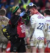 14 January 2023; Fraser Dingwall of Northampton Saints receives medical attention during the Heineken Champions Cup Pool B Round 3 match between Munster and Northampton Saints at Thomond Park in Limerick. Photo by Tyler Miller/Sportsfile