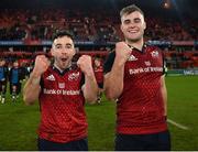 14 January 2023; Paddy Patterson, left, and Alex Kendellen of Munster celebrate after their side's victory in the Heineken Champions Cup Pool B Round 3 match between Munster and Northampton Saints at Thomond Park in Limerick. Photo by Tyler Miller/Sportsfile