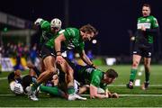 14 January 2023; Cathal Forde of Connacht is congratulated by teammates John Porch, centre, and Mack Hansen, left, after scoring their side's third try during the EPCR Challenge Cup Pool A Round 3 match between Connacht and CA Brive at The Sportsground in Galway. Photo by Ben McShane/Sportsfile