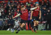 14 January 2023; Jack Crowley of Munster kicks a penalty during the Heineken Champions Cup Pool B Round 3 match between Munster and Northampton Saints at Thomond Park in Limerick. Photo by Brendan Moran/Sportsfile