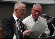 14 January 2023; The Leinster Council Chairman Pat Teehan, of Offaly, left, and Michael Reynolds, of Laois, during the Leinster GAA Convention at Clayton Whites Hotel in Wexford. Photo by Ray McManus/Sportsfile