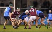 14 January 2023; Andy Dunphy of Dublin in action against Brian Concannon of Galway during the Walsh Cup Group 1 Round 2 match between Dublin and Galway at Parnell Park in Dublin. Photo by Daire Brennan/Sportsfile