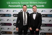 14 January 2023; Goalkeepers Brendan Clarke of Galway United and Brian Maher of Derry City during the SSE Airtricity / Soccer Writers Ireland Awards 2022 at The Clayton Hotel in Dublin. Photo by Stephen McCarthy/Sportsfile